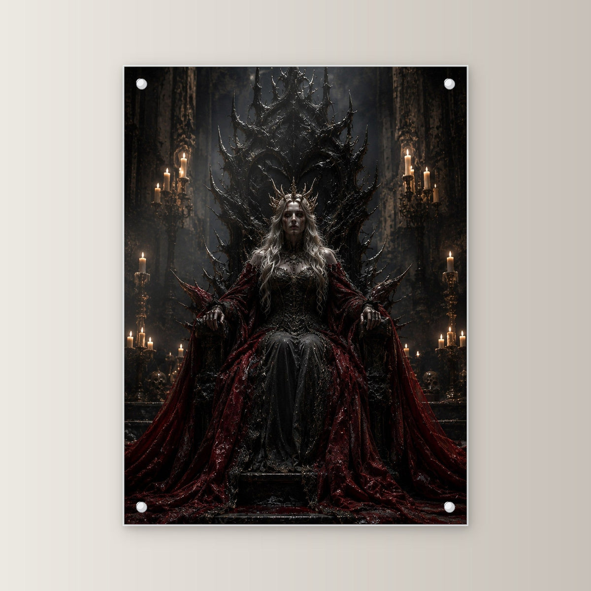 Dark-Fantasy Acrylglasbild auf Acrylglas mit Edelstahl-Abstandshaltern, gerade von vorn an heller Wand