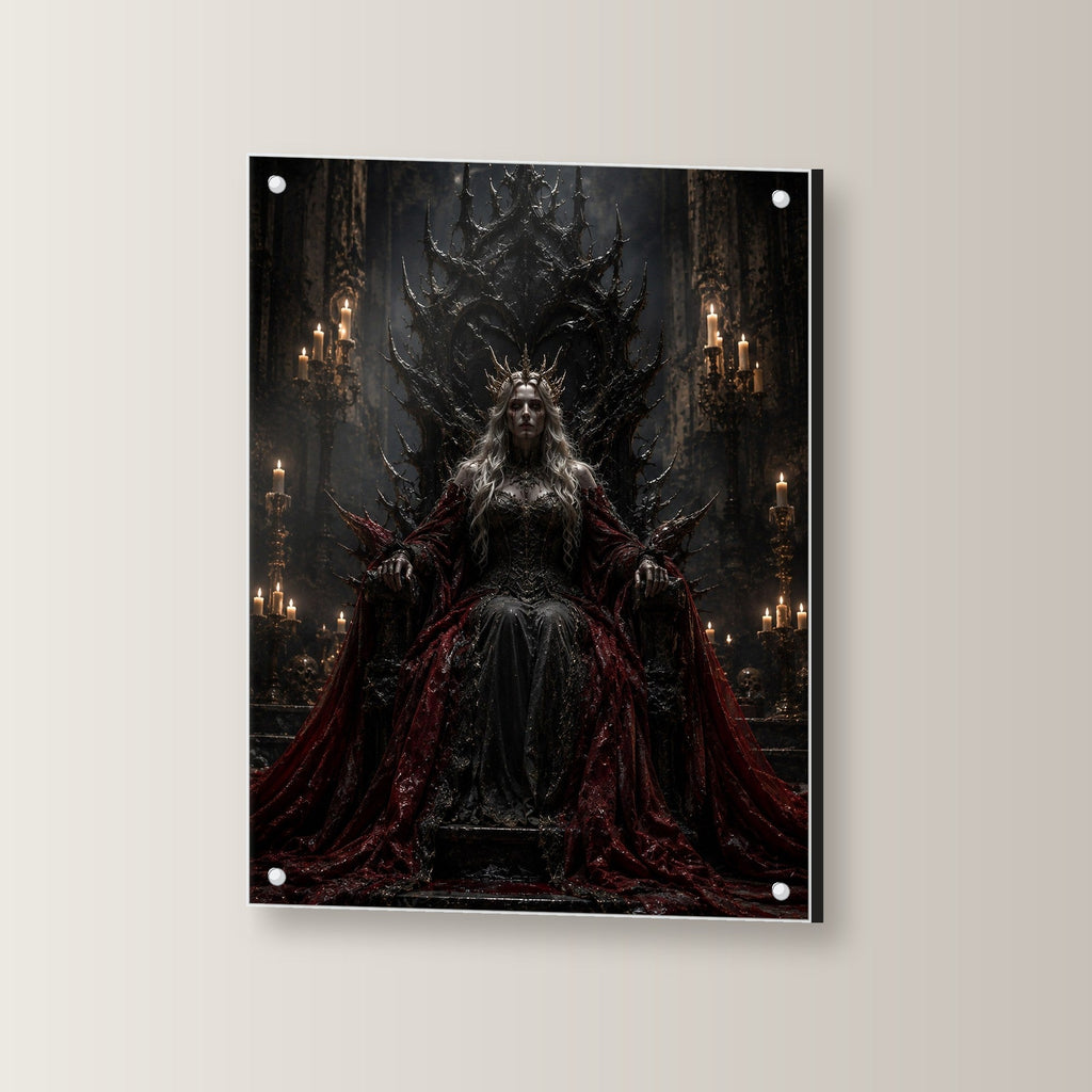Dark-Fantasy Acrylglasbild auf Acrylglas mit Edelstahl-Abstandshaltern, leicht gedreht an der Wand fotografiert