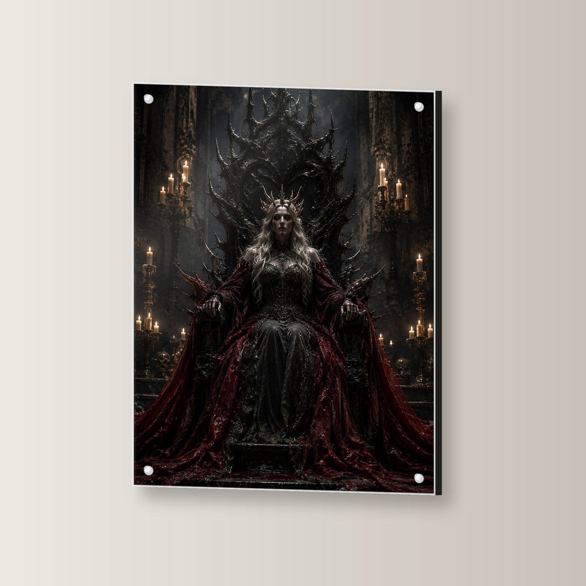 Dark-Fantasy Acrylglasbild auf Acrylglas mit Edelstahl-Abstandshaltern, leicht gedreht an der Wand fotografiert