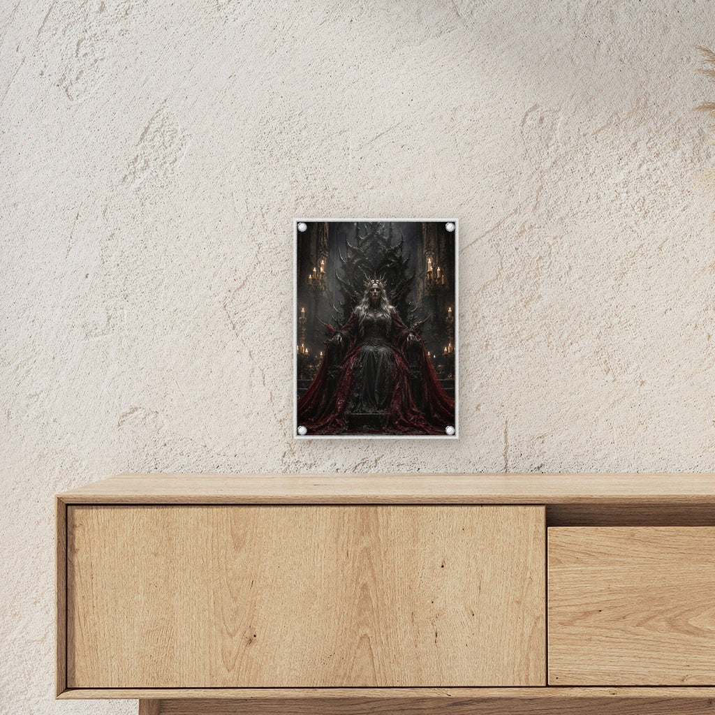 Dark-Fantasy Acrylglasbild auf Acrylglas mit Edelstahl-Abstandshaltern ueber einem Sideboard, zeigt die Groesse im Raum