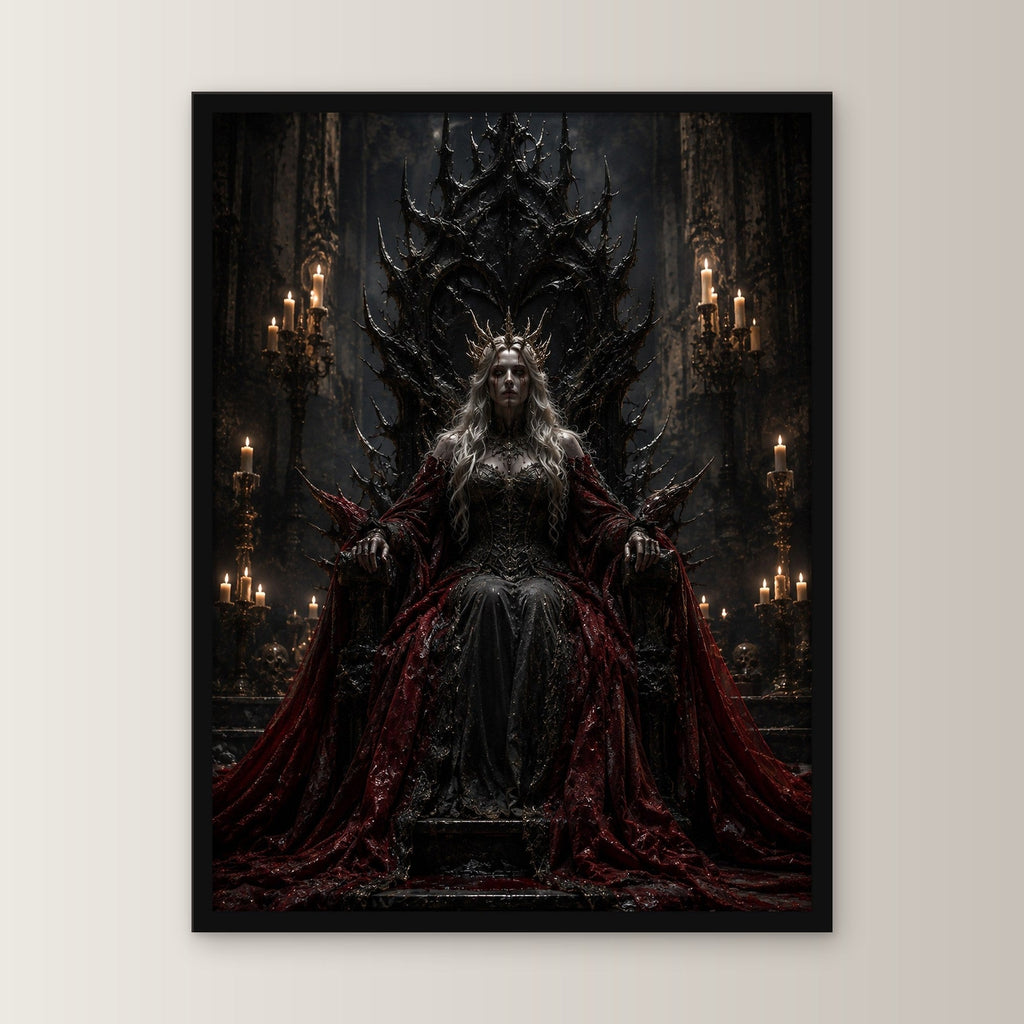 Dark-Fantasy Poster gerahmt im schwarzen Holzrahmen, gerade von vorn an heller Wand