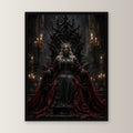Dark-Fantasy Poster gerahmt im schwarzen Holzrahmen, gerade von vorn an heller Wand