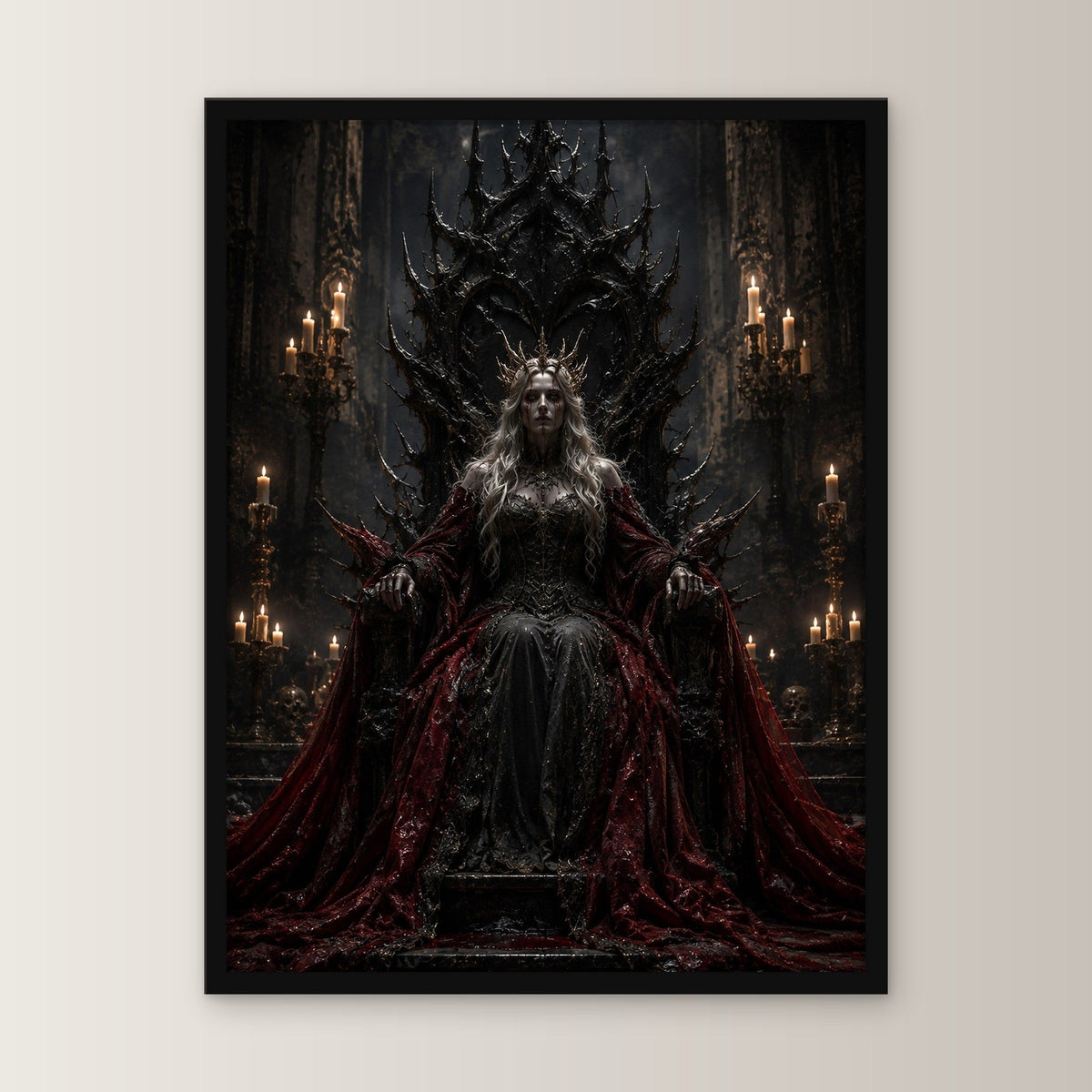 Dark-Fantasy Poster gerahmt im schwarzen Holzrahmen, gerade von vorn an heller Wand