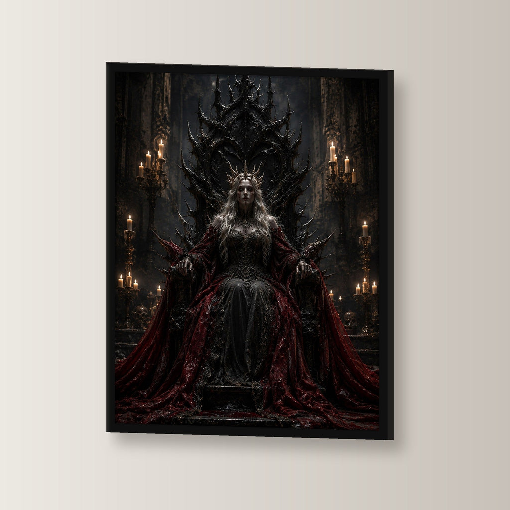 Dark-Fantasy Poster gerahmt im schwarzen Holzrahmen, leicht gedreht an der Wand fotografiert