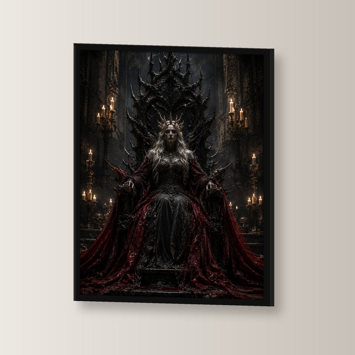 Dark-Fantasy Poster gerahmt im schwarzen Holzrahmen, leicht gedreht an der Wand fotografiert