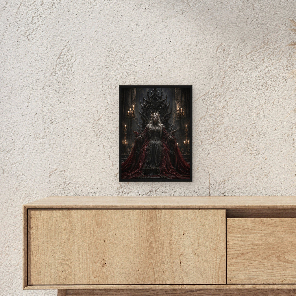Dark-Fantasy Poster gerahmt im schwarzen Holzrahmen ueber einem Sideboard, zeigt die Groesse im Raum