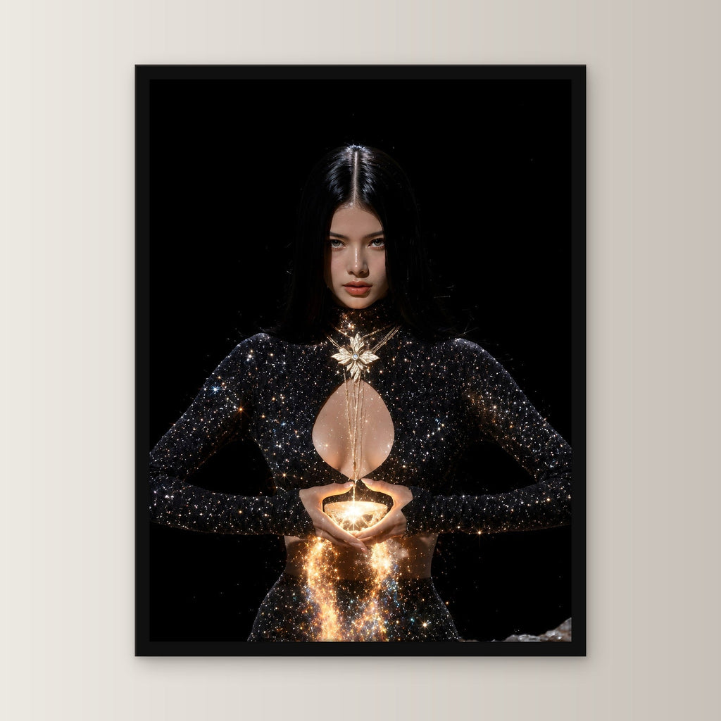 Fantasy Poster gerahmt im schwarzen Holzrahmen, gerade von vorn an heller Wand