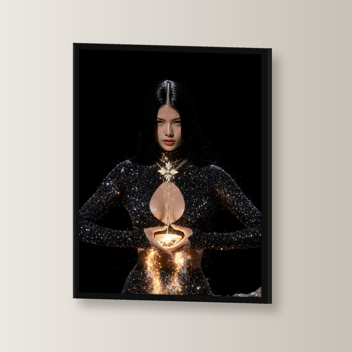 Fantasy Poster gerahmt im schwarzen Holzrahmen, leicht gedreht an der Wand fotografiert