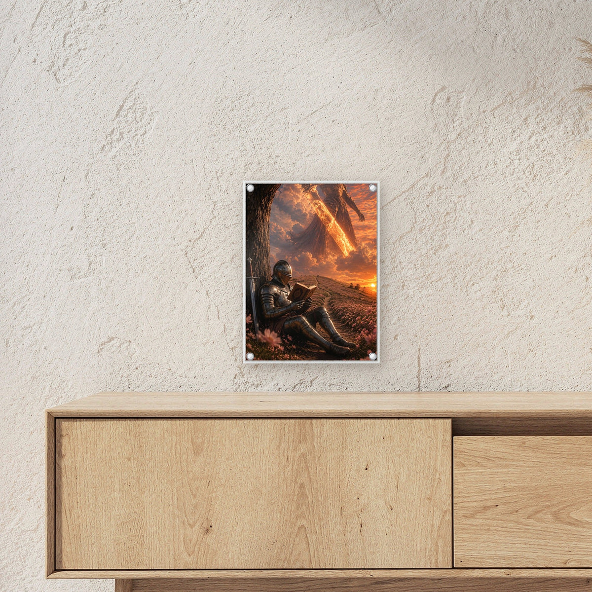 Dark-Fantasy Acrylglasbild auf Acrylglas mit Edelstahl-Abstandshaltern ueber einem Sideboard, zeigt die Groesse im Raum