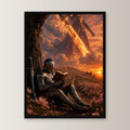 Dark-Fantasy Poster gerahmt im schwarzen Holzrahmen, gerade von vorn an heller Wand