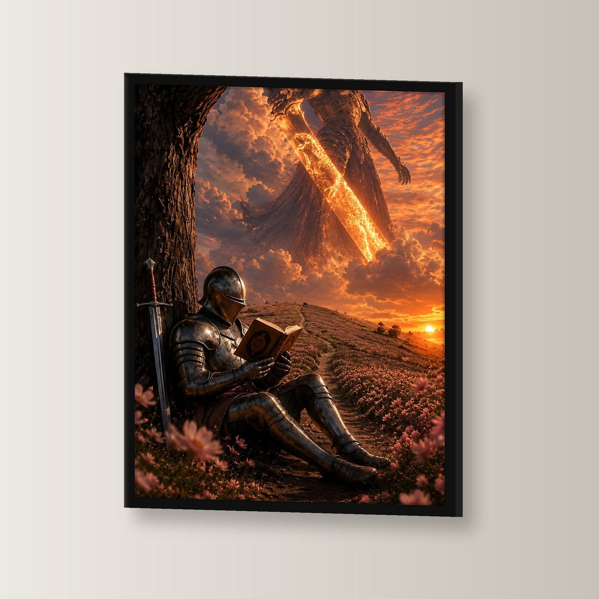 Dark-Fantasy Poster gerahmt im schwarzen Holzrahmen, leicht gedreht an der Wand fotografiert