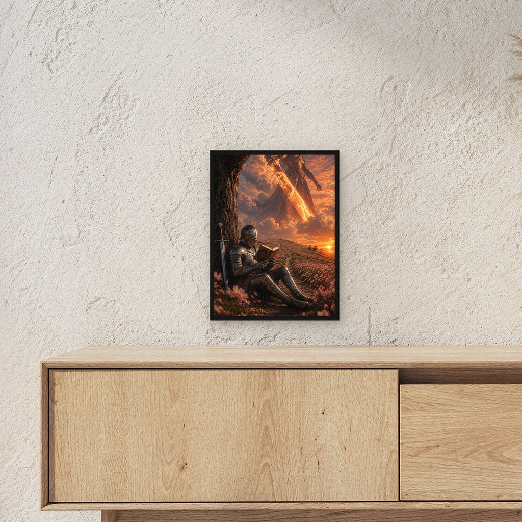 Dark-Fantasy Poster gerahmt im schwarzen Holzrahmen ueber einem Sideboard, zeigt die Groesse im Raum