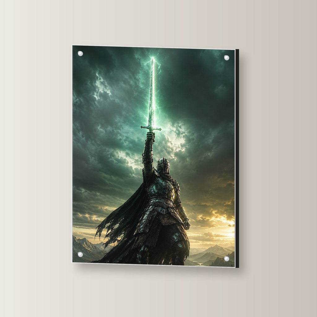 Dark-Fantasy Acrylglasbild auf Acrylglas mit Edelstahl-Abstandshaltern, leicht gedreht an der Wand fotografiert