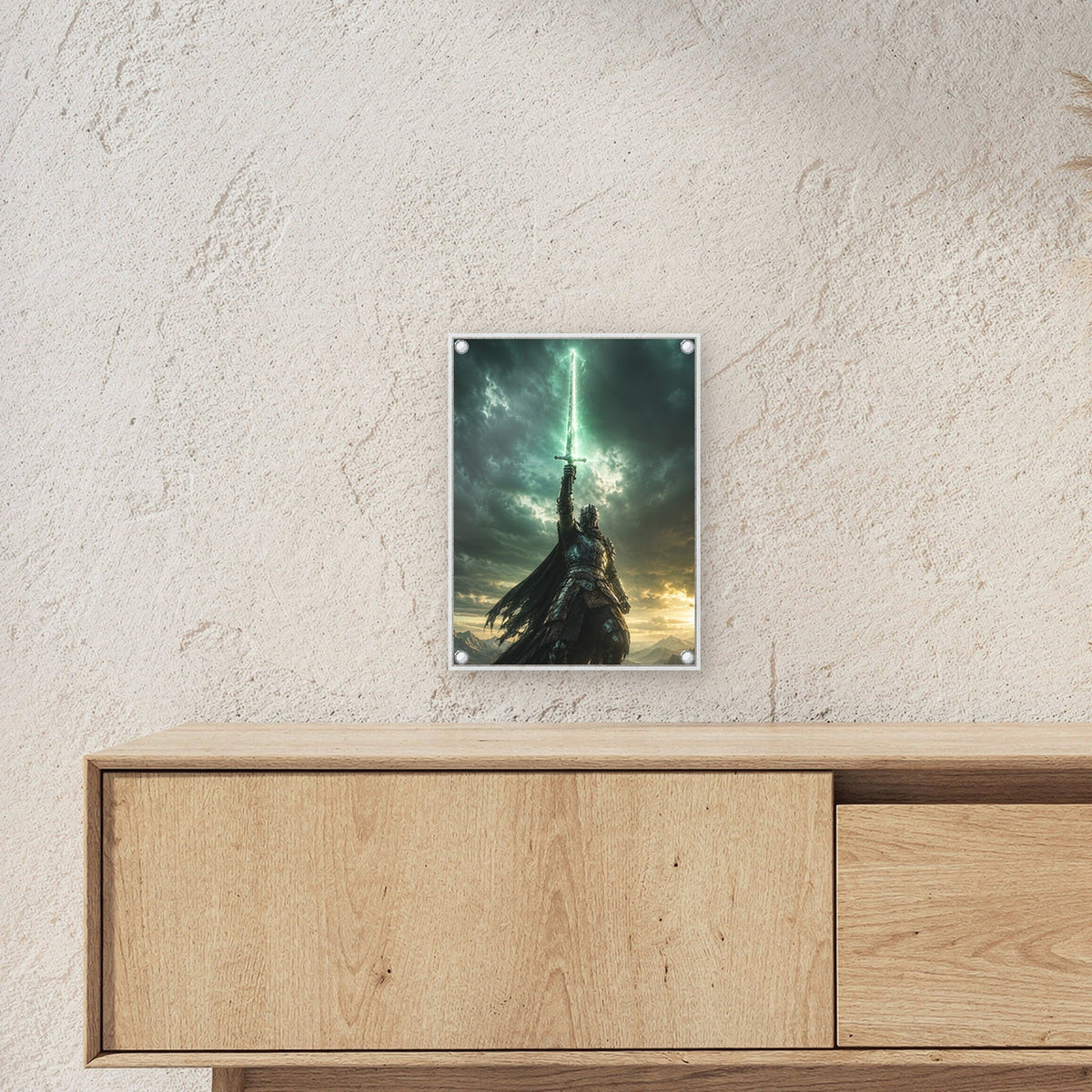 Dark-Fantasy Acrylglasbild auf Acrylglas mit Edelstahl-Abstandshaltern ueber einem Sideboard, zeigt die Groesse im Raum