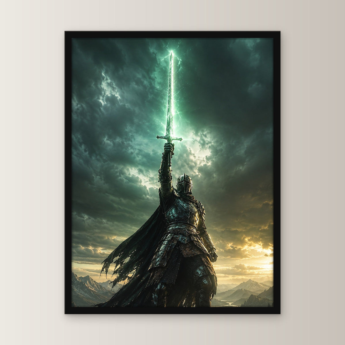 Dark-Fantasy Poster gerahmt im schwarzen Holzrahmen, gerade von vorn an heller Wand