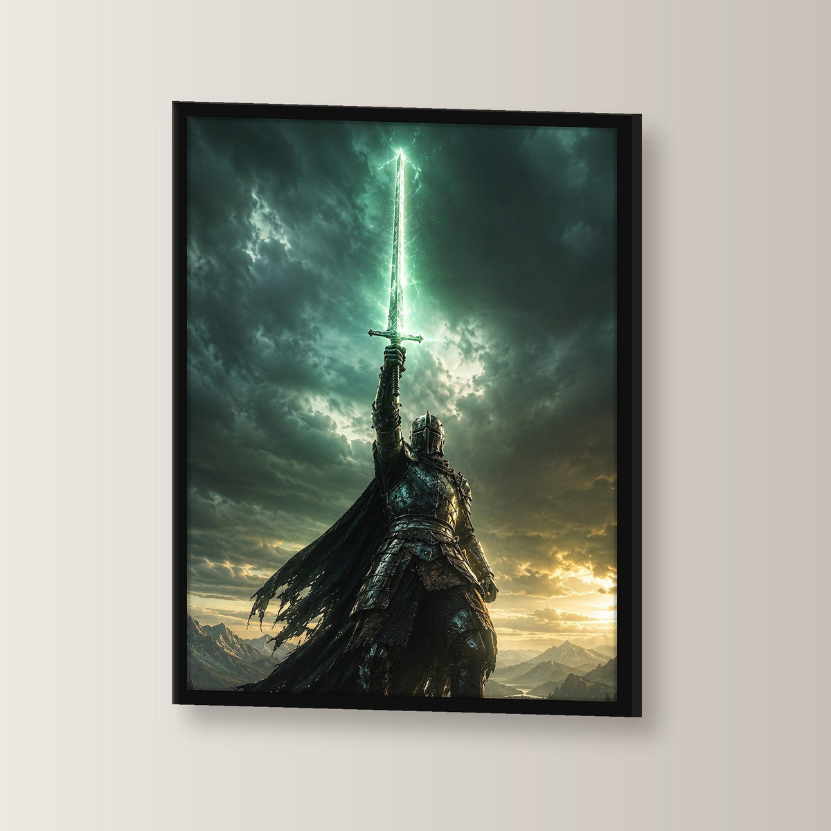 Dark-Fantasy Poster gerahmt im schwarzen Holzrahmen, leicht gedreht an der Wand fotografiert