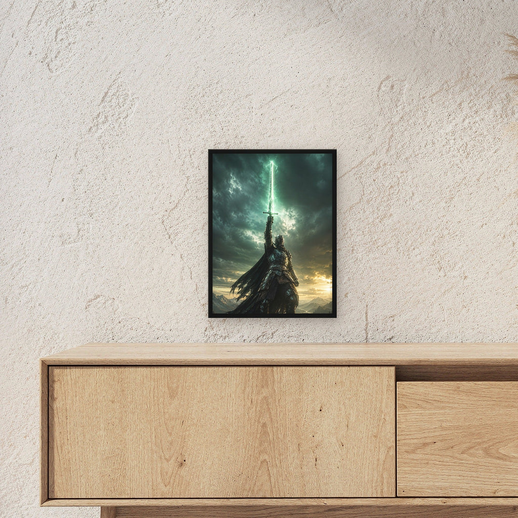 Dark-Fantasy Poster gerahmt im schwarzen Holzrahmen ueber einem Sideboard, zeigt die Groesse im Raum
