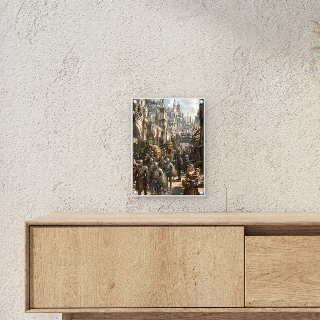 Dark-Fantasy Acrylglasbild auf Acrylglas mit Edelstahl-Abstandshaltern ueber einem Sideboard, zeigt die Groesse im Raum