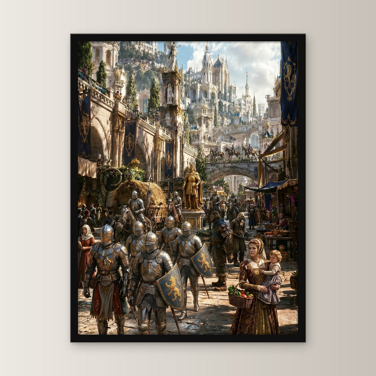 Dark-Fantasy Poster gerahmt im schwarzen Holzrahmen, gerade von vorn an heller Wand