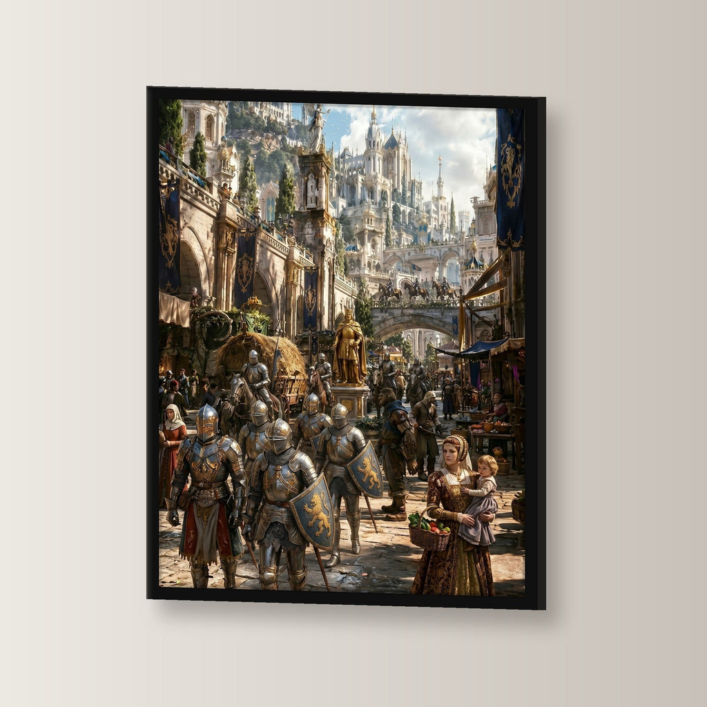 Dark-Fantasy Poster gerahmt im schwarzen Holzrahmen, leicht gedreht an der Wand fotografiert