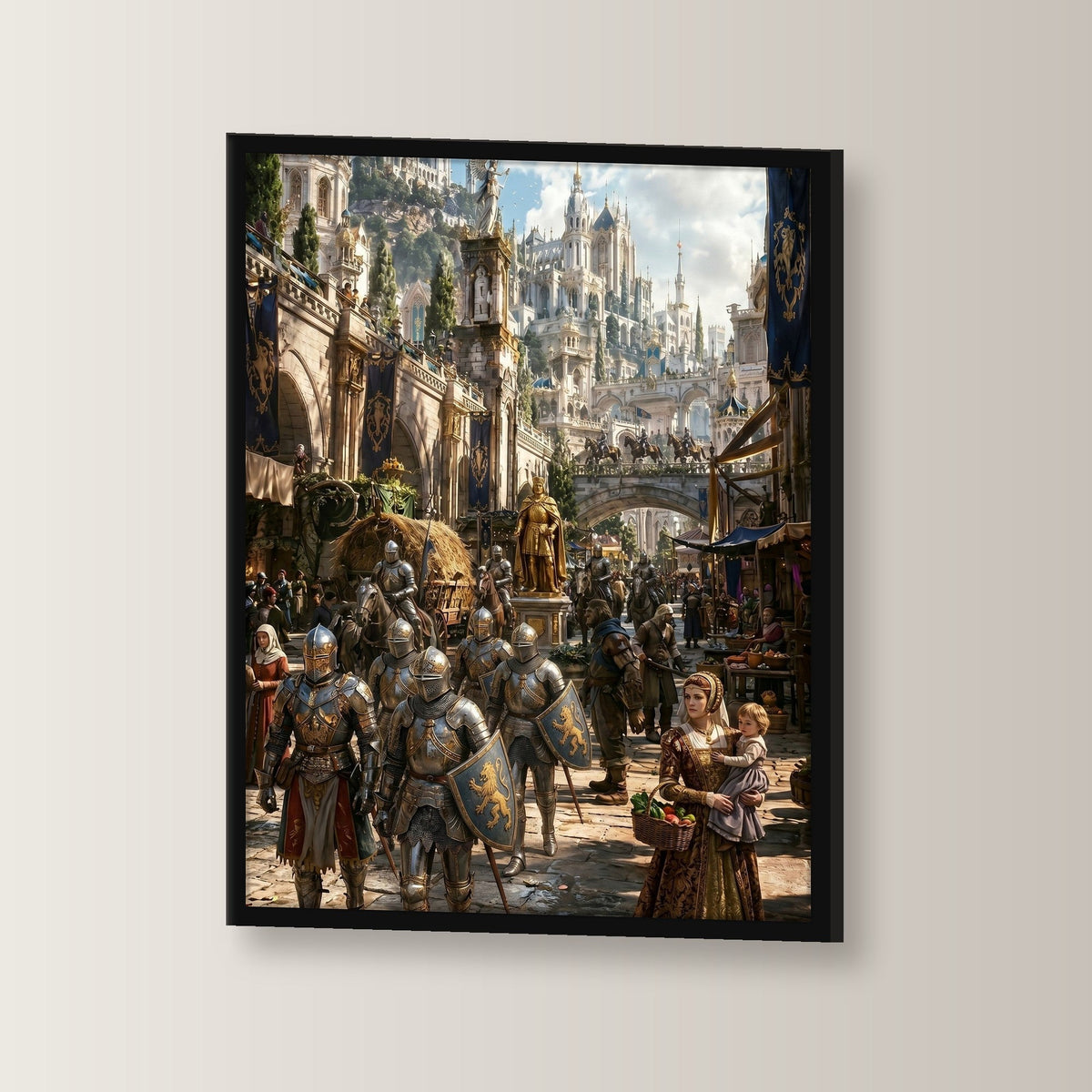 Dark-Fantasy Poster gerahmt im schwarzen Holzrahmen, leicht gedreht an der Wand fotografiert