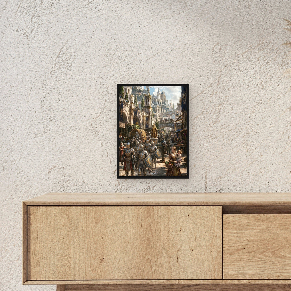Dark-Fantasy Poster gerahmt im schwarzen Holzrahmen ueber einem Sideboard, zeigt die Groesse im Raum