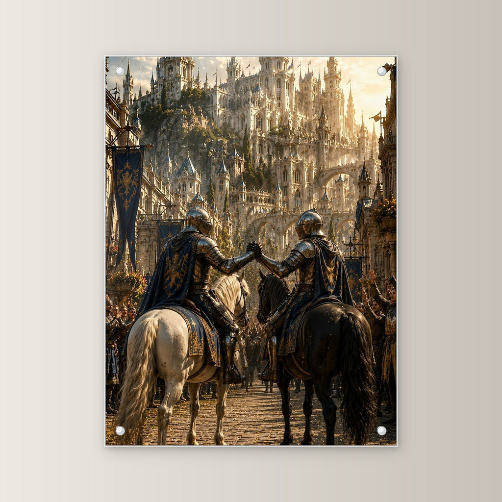 Zwei Ritter zu Pferd vor der Burgstadt, Mittelalter Fantasy Acrylglasbild auf Acrylglas mit Edelstahl-Abstandshaltern, gerade von vorn an heller Wand