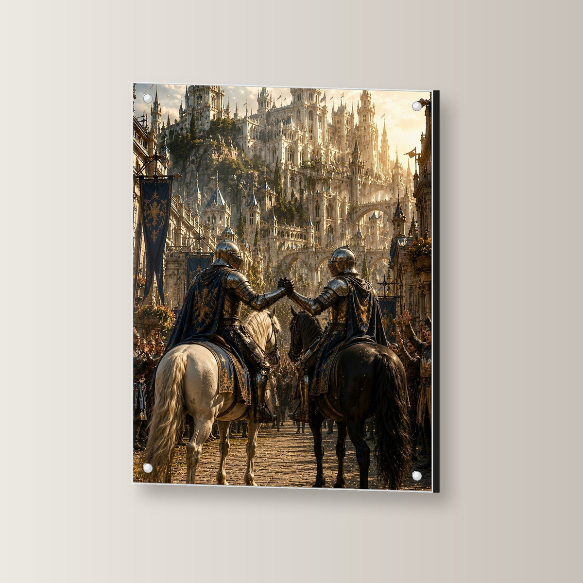 Zwei Ritter zu Pferd vor der Burgstadt, Mittelalter Fantasy Acrylglasbild auf Acrylglas mit Edelstahl-Abstandshaltern, leicht gedreht an der Wand fotografiert