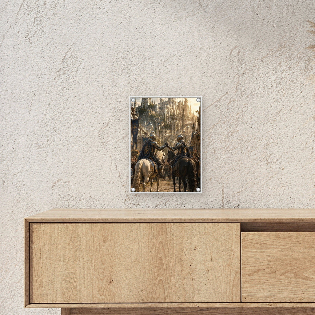 Zwei Ritter zu Pferd vor der Burgstadt, Mittelalter Fantasy Acrylglasbild auf Acrylglas mit Edelstahl-Abstandshaltern ueber einem Sideboard, zeigt die Groesse im Raum