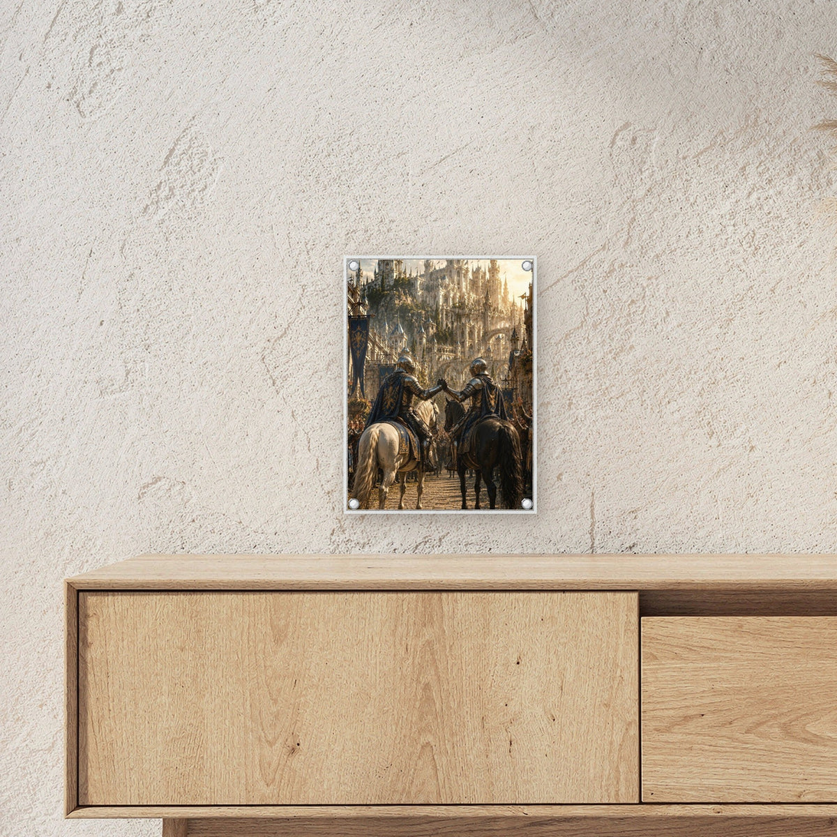 Zwei Ritter zu Pferd vor der Burgstadt, Mittelalter Fantasy Acrylglasbild auf Acrylglas mit Edelstahl-Abstandshaltern ueber einem Sideboard, zeigt die Groesse im Raum