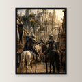 Zwei Ritter zu Pferd vor der Burgstadt, Mittelalter Fantasy Wandbild gerahmt im schwarzen Holzrahmen, gerade von vorn an heller Wand