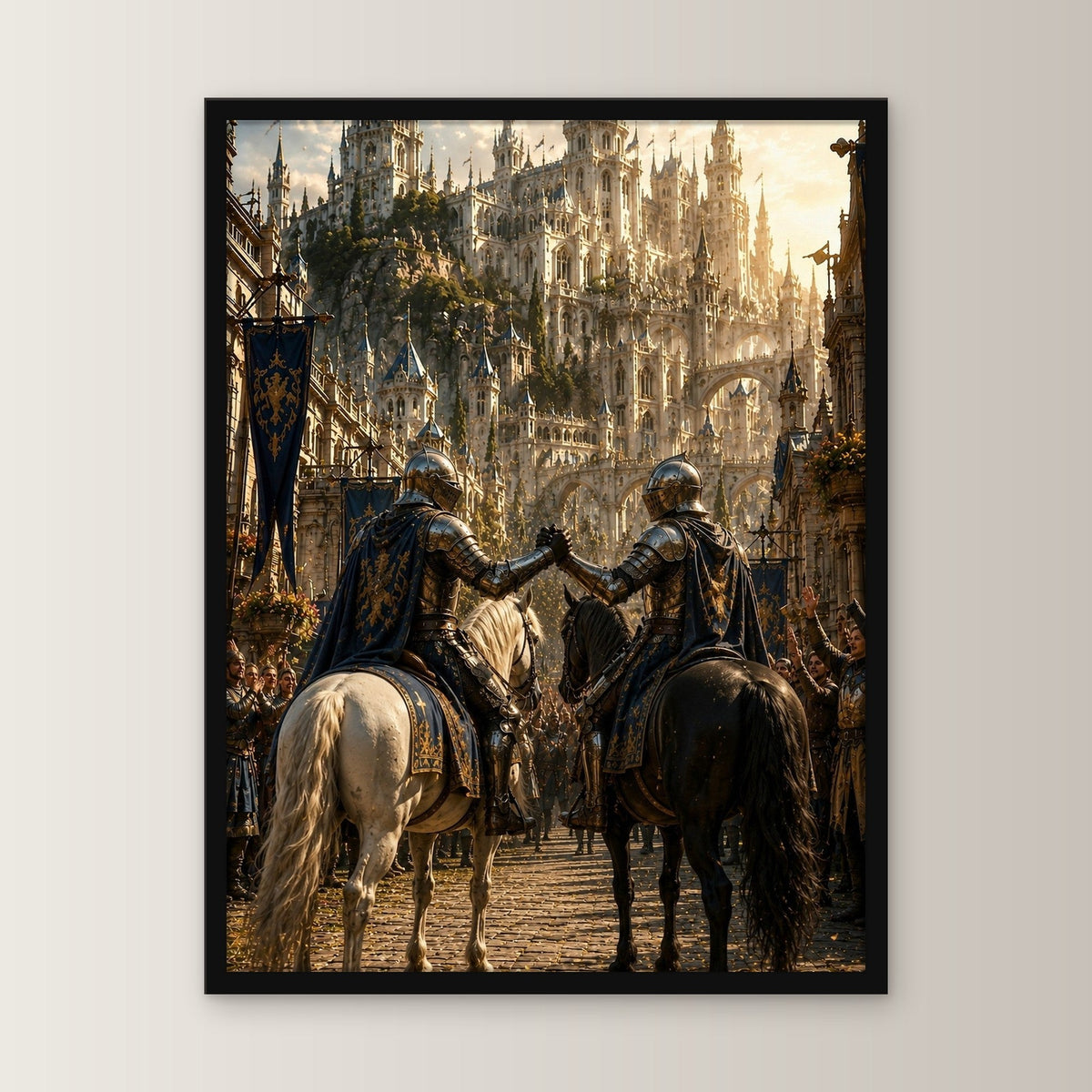 Zwei Ritter zu Pferd vor der Burgstadt, Mittelalter Fantasy Wandbild gerahmt im schwarzen Holzrahmen, gerade von vorn an heller Wand
