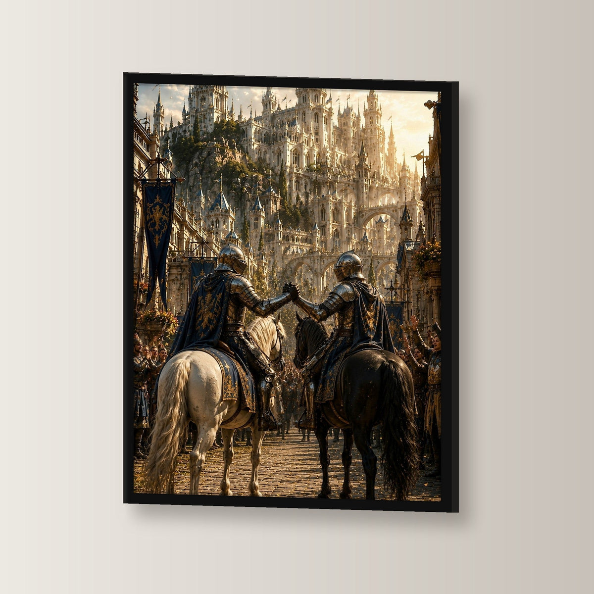 Zwei Ritter zu Pferd vor der Burgstadt, Mittelalter Fantasy Wandbild gerahmt im schwarzen Holzrahmen, leicht gedreht an der Wand fotografiert