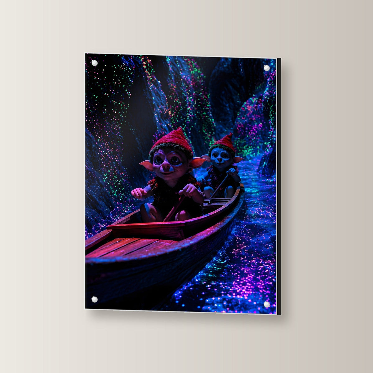 Dark-Fantasy Acrylglasbild auf Acrylglas mit Edelstahl-Abstandshaltern, leicht gedreht an der Wand fotografiert