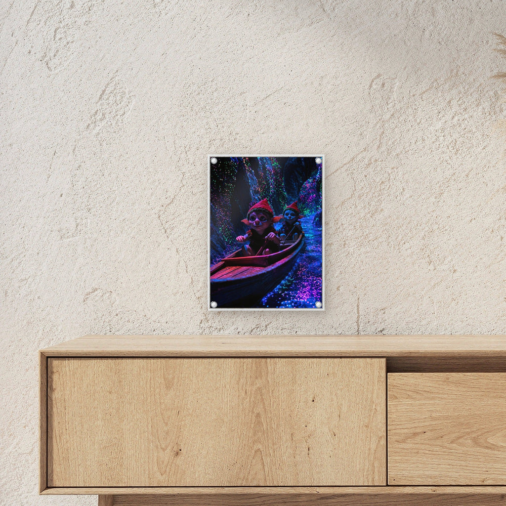 Dark-Fantasy Acrylglasbild auf Acrylglas mit Edelstahl-Abstandshaltern ueber einem Sideboard, zeigt die Groesse im Raum