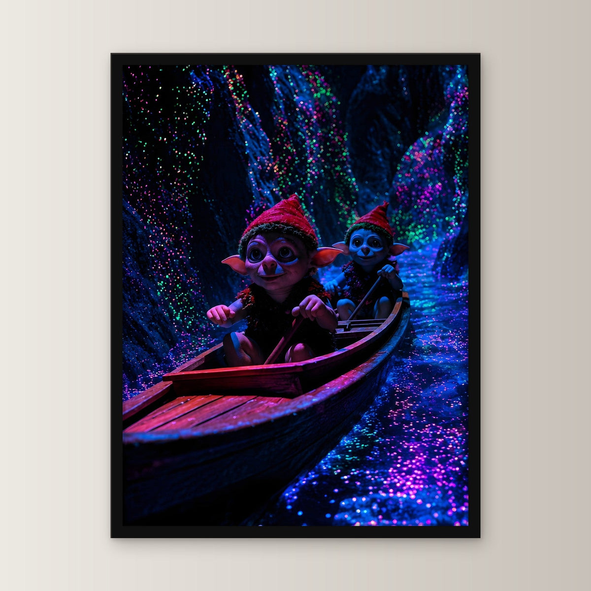 Dark-Fantasy Poster gerahmt im schwarzen Holzrahmen, gerade von vorn an heller Wand