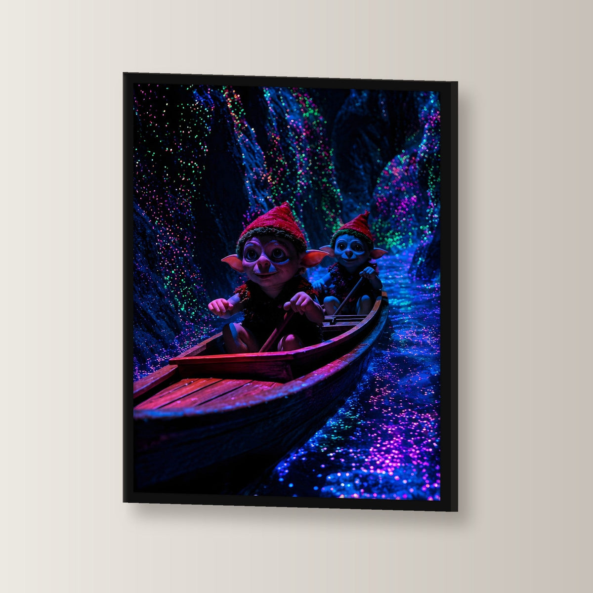 Dark-Fantasy Poster gerahmt im schwarzen Holzrahmen, leicht gedreht an der Wand fotografiert