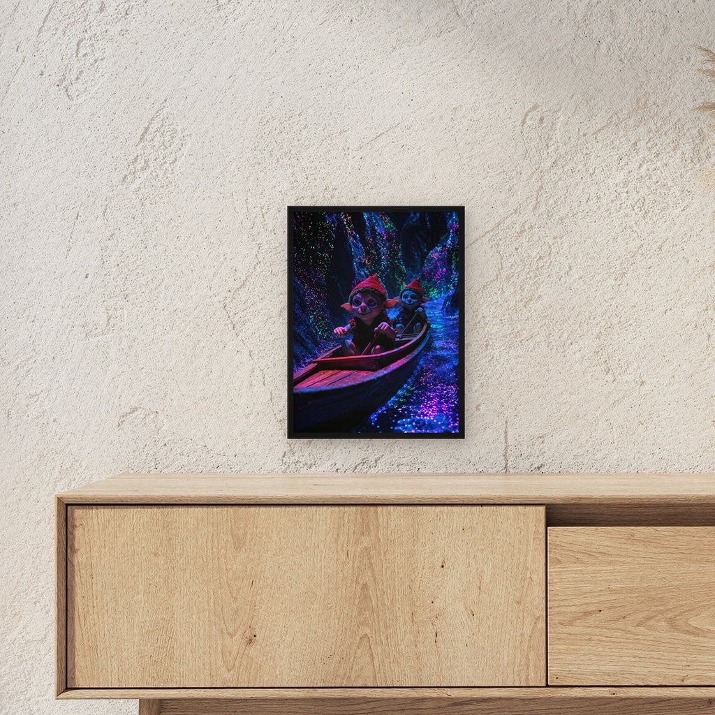 Dark-Fantasy Poster gerahmt im schwarzen Holzrahmen ueber einem Sideboard, zeigt die Groesse im Raum