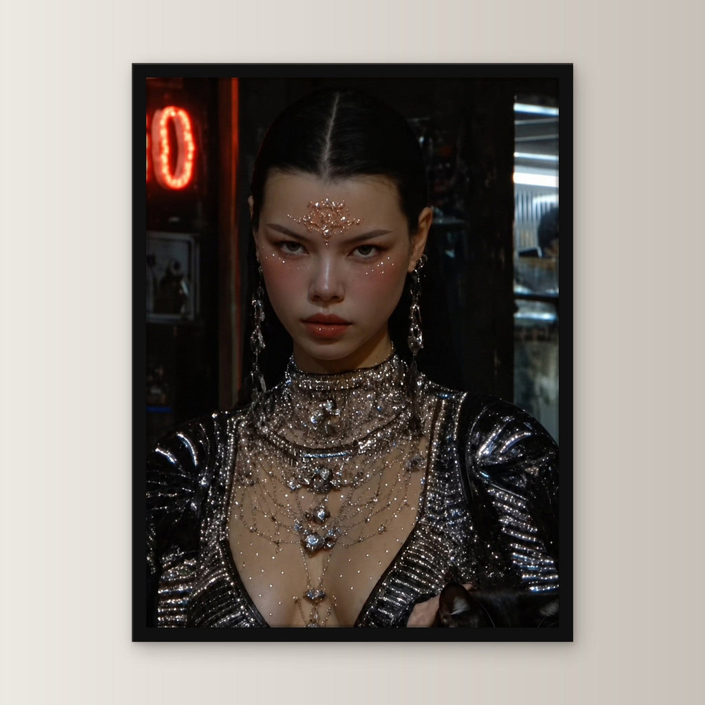 Cyberpunk Wandbild gerahmt | Neon Porträt Poster Deko im schwarzen Holzrahmen, gerade von vorn an heller Wand