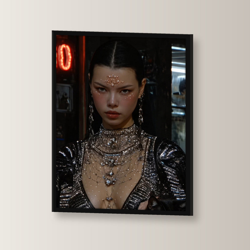 Cyberpunk Wandbild gerahmt | Neon Porträt Poster Deko im schwarzen Holzrahmen, leicht gedreht an der Wand fotografiert