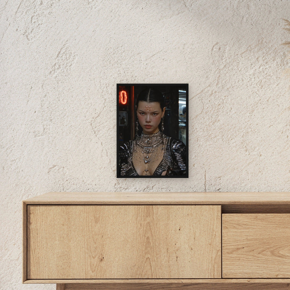 Cyberpunk Wandbild gerahmt | Neon Porträt Poster Deko im schwarzen Holzrahmen ueber einem Sideboard, zeigt die Groesse im Raum