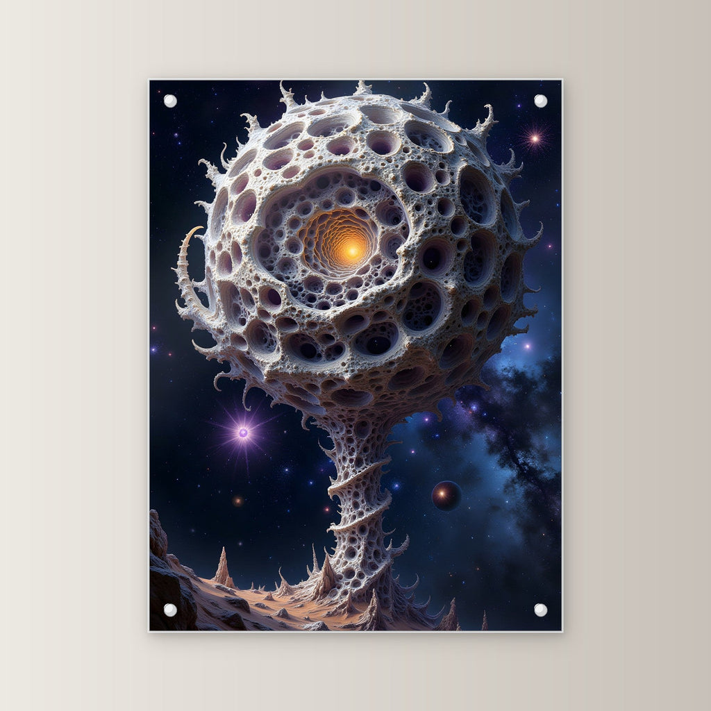 Poröse Kugel auf Stiel vor Sternenhimmel, Surreales Acrylglasbild auf Acrylglas mit Edelstahl-Abstandshaltern, gerade von vorn an heller Wand