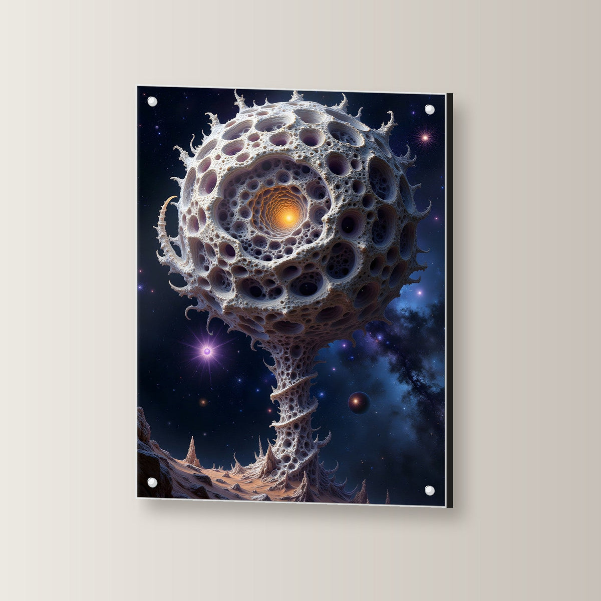 Poröse Kugel auf Stiel vor Sternenhimmel, Surreales Acrylglasbild auf Acrylglas mit Edelstahl-Abstandshaltern, leicht gedreht an der Wand fotografiert