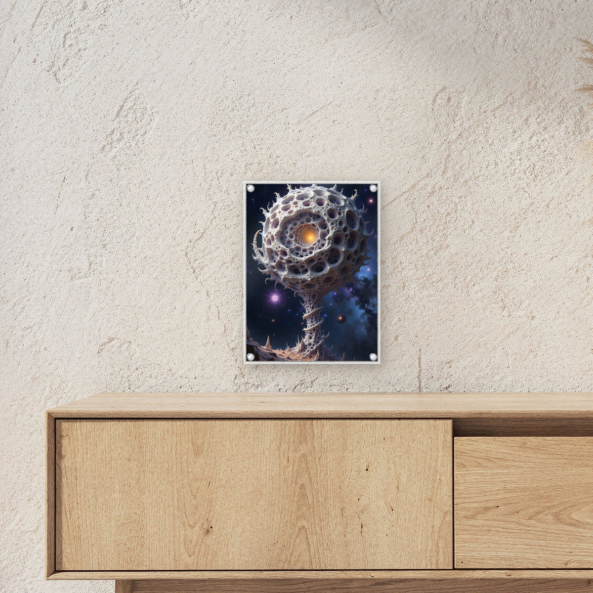 Poröse Kugel auf Stiel vor Sternenhimmel, Surreales Acrylglasbild auf Acrylglas mit Edelstahl-Abstandshaltern ueber einem Sideboard, zeigt die Groesse im Raum