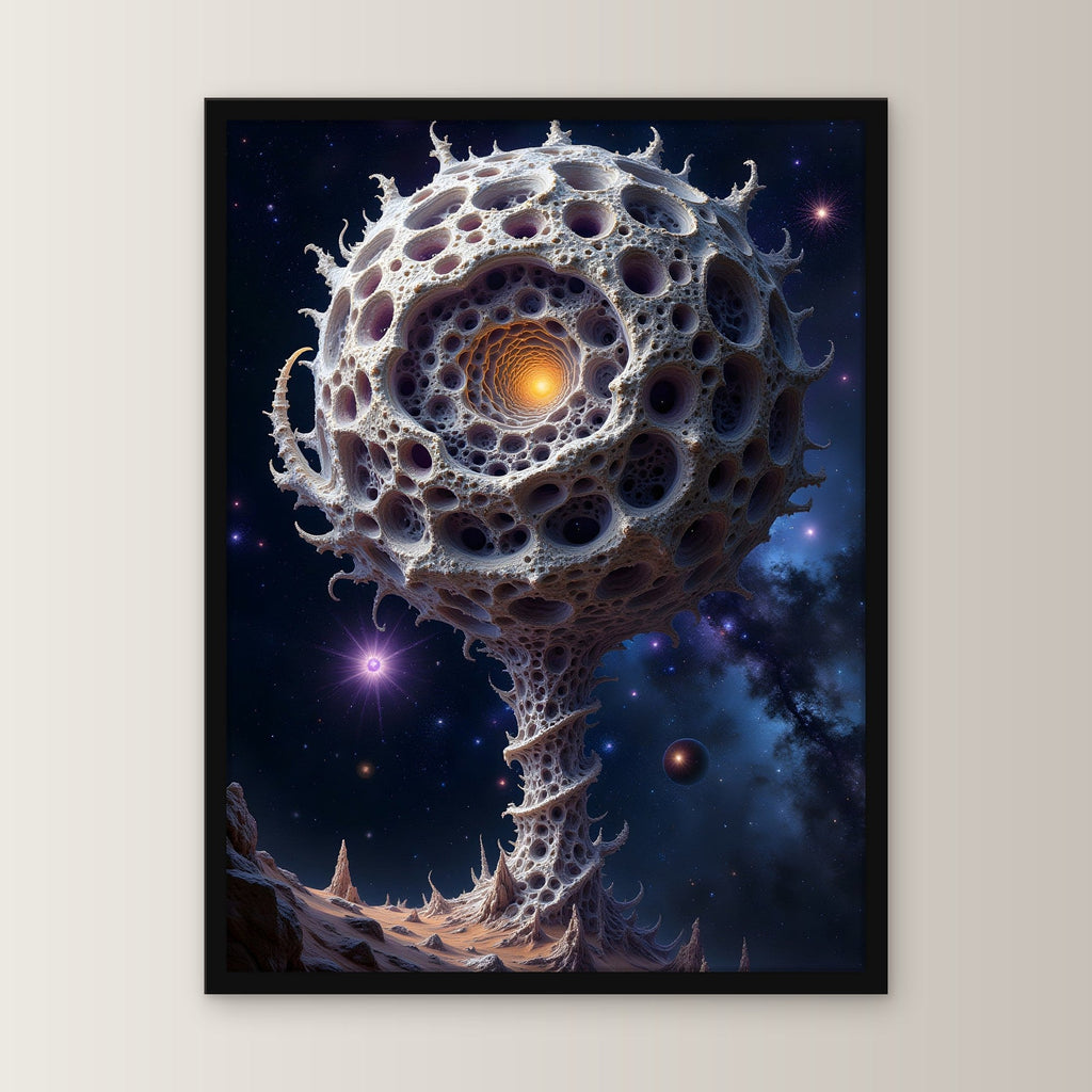 Poröse Kugel auf Stiel vor Sternenhimmel, Surreales Wandbild gerahmt im schwarzen Holzrahmen, gerade von vorn an heller Wand