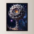 Poröse Kugel auf Stiel vor Sternenhimmel, Surreales Wandbild gerahmt im schwarzen Holzrahmen, gerade von vorn an heller Wand