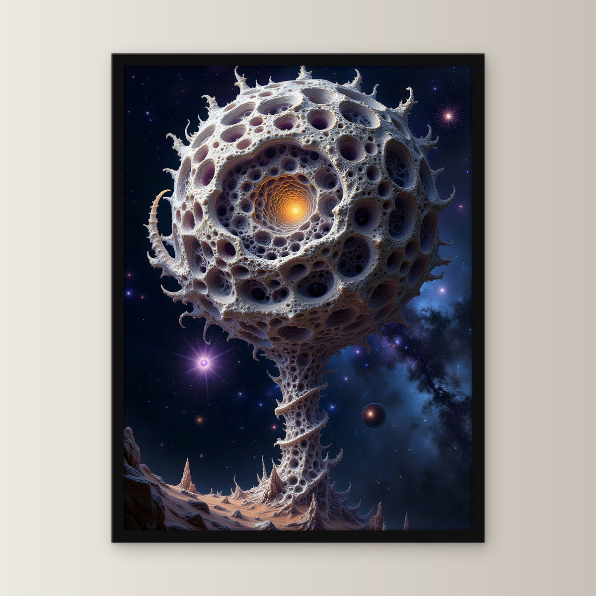 Poröse Kugel auf Stiel vor Sternenhimmel, Surreales Wandbild gerahmt im schwarzen Holzrahmen, gerade von vorn an heller Wand