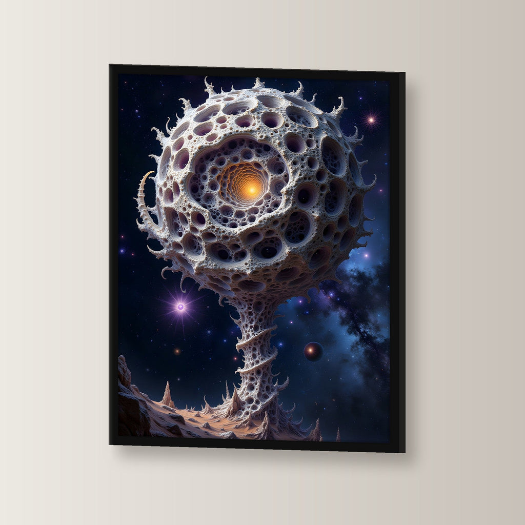 Poröse Kugel auf Stiel vor Sternenhimmel, Surreales Wandbild gerahmt im schwarzen Holzrahmen, leicht gedreht an der Wand fotografiert