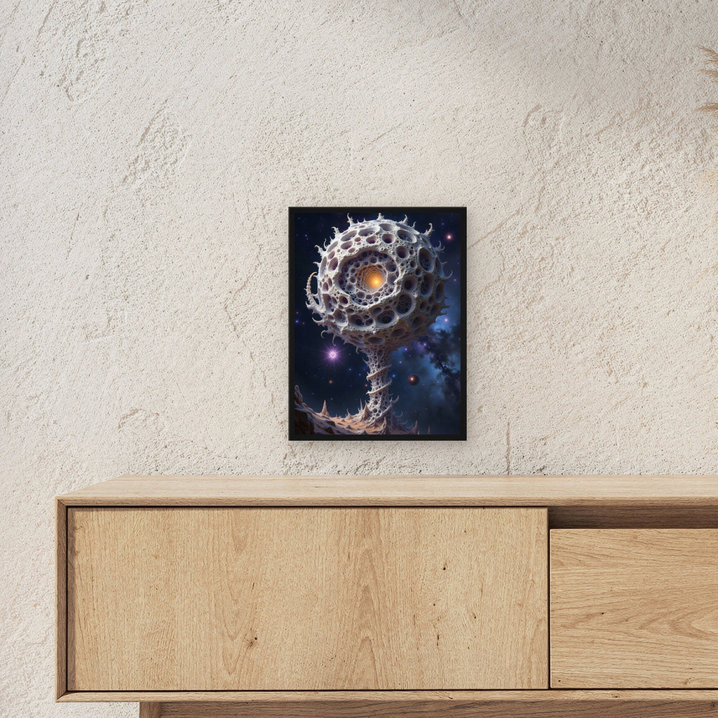 Poröse Kugel auf Stiel vor Sternenhimmel, Surreales Wandbild gerahmt im schwarzen Holzrahmen ueber einem Sideboard, zeigt die Groesse im Raum