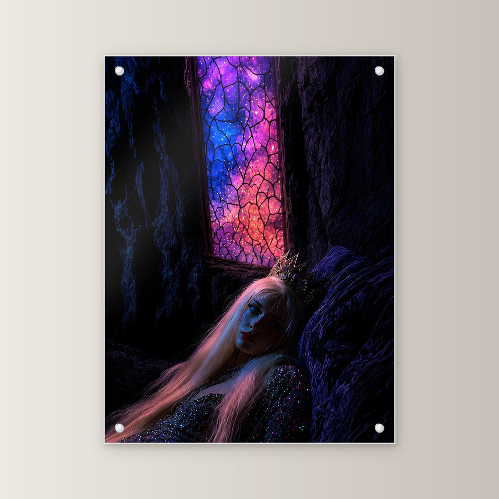 Fantasy Acrylglasbild auf Acrylglas mit Edelstahl-Abstandshaltern, gerade von vorn an heller Wand